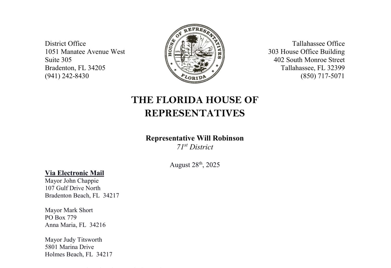 Island mayors receive OPPAGA study-related letter